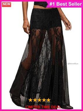 Lace Sheer Maxi Skirt A-Line Ruffle Low Waist See Through Cover Up